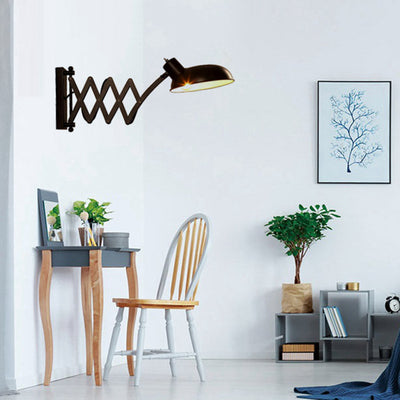 Contemporary Industrial Iron Extendable Arm Round 1-Light Wall Sconce Lamp For Bedroom & Living Room
