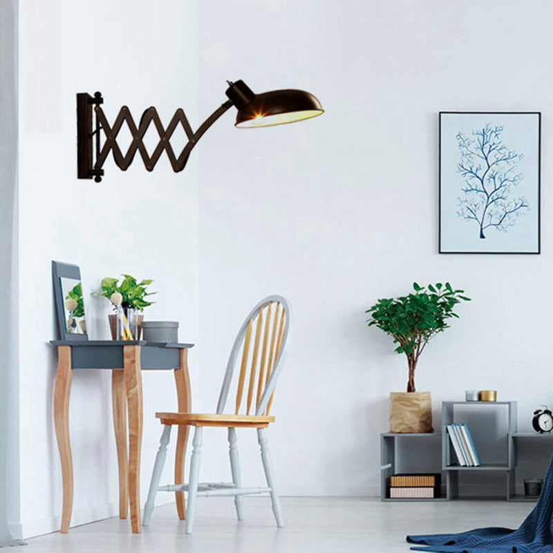 Contemporary Industrial Iron Extendable Arm Round 1-Light Wall Sconce Lamp For Bedroom & Living Room