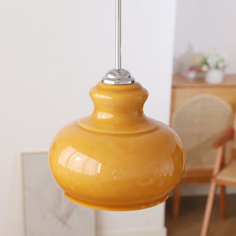 Modern Mid-Century Glass & Iron Gourd-Shaped 1-Light Pendant Light For Bedroom & Living Room