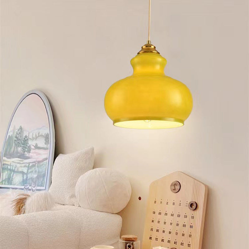 Modern Mid-Century Glass & Iron Gourd-Shaped 1-Light Pendant Light For Bedroom & Living Room