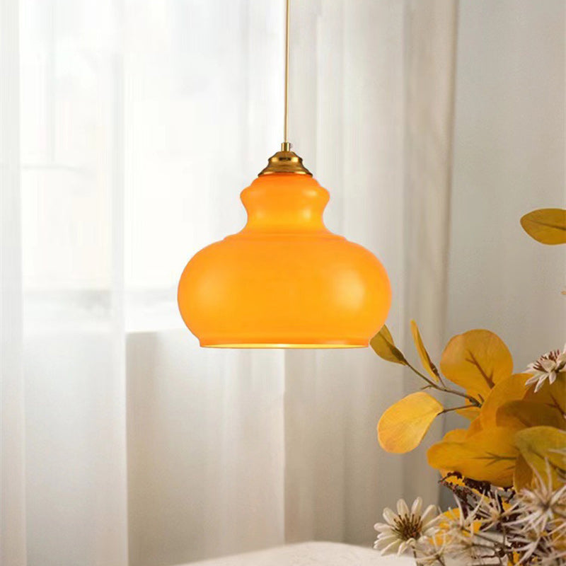 Modern Mid-Century Glass & Iron Gourd-Shaped 1-Light Pendant Light For Bedroom & Living Room
