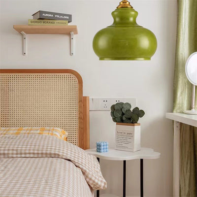Modern Mid-Century Glass & Iron Gourd-Shaped 1-Light Pendant Light For Bedroom & Living Room