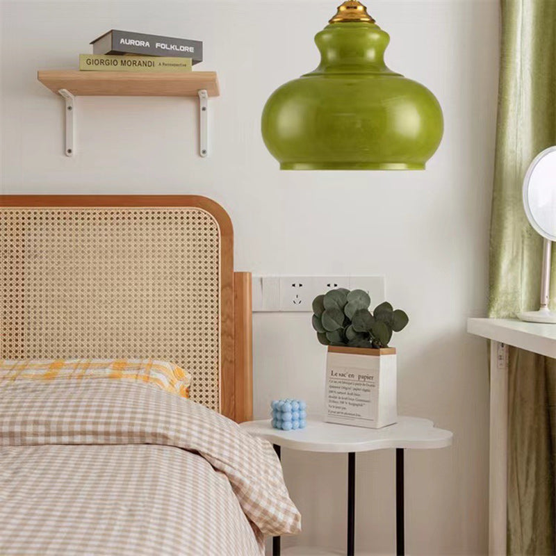 Modern Mid-Century Glass & Iron Gourd-Shaped 1-Light Pendant Light For Bedroom & Living Room