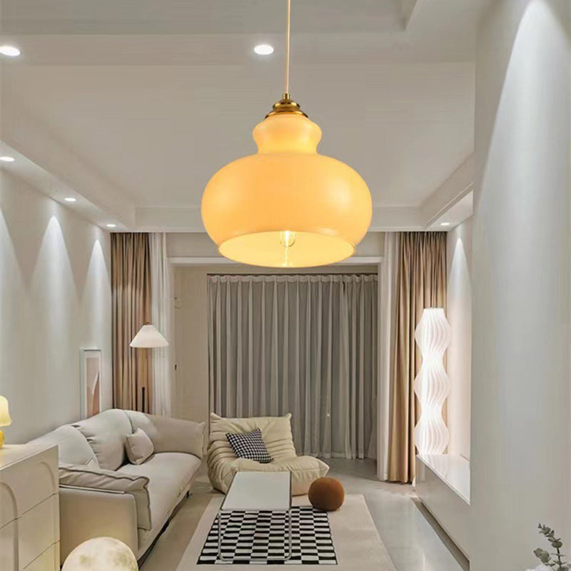 Modern Mid-Century Glass & Iron Gourd-Shaped 1-Light Pendant Light For Bedroom & Living Room