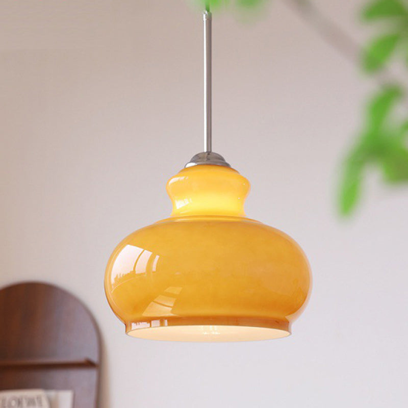 Modern Mid-Century Glass & Iron Gourd-Shaped 1-Light Pendant Light For Bedroom & Living Room