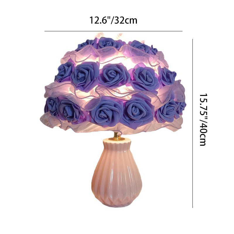 Lampe de table 1 lumière en céramique et tissu Art déco moderne avec bouquet de roses pour chambre et salon 