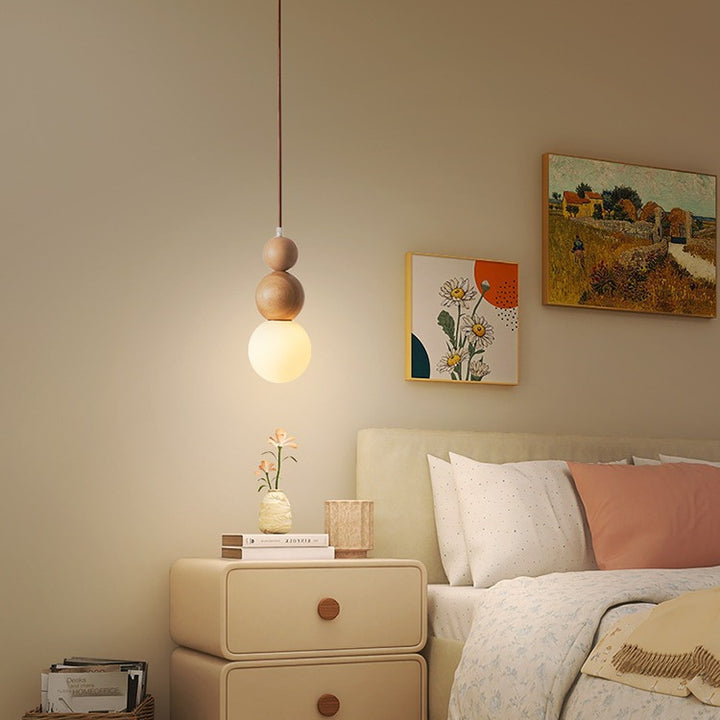 Traditional Vintage Solid Wood &amp; Glass Round Gourd 1-Light Pendant Light For Bedroom &amp; Living Room