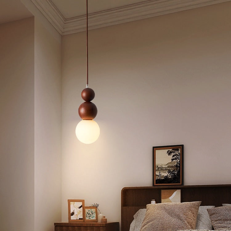 Traditional Vintage Solid Wood &amp; Glass Round Gourd 1-Light Pendant Light For Bedroom &amp; Living Room
