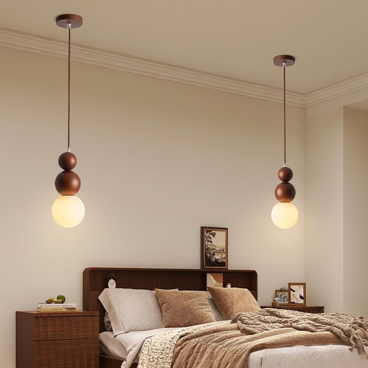 Traditional Vintage Solid Wood &amp; Glass Round Gourd 1-Light Pendant Light For Bedroom &amp; Living Room