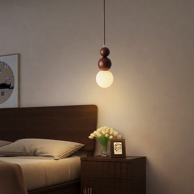 Traditional Vintage Solid Wood &amp; Glass Round Gourd 1-Light Pendant Light For Bedroom &amp; Living Room