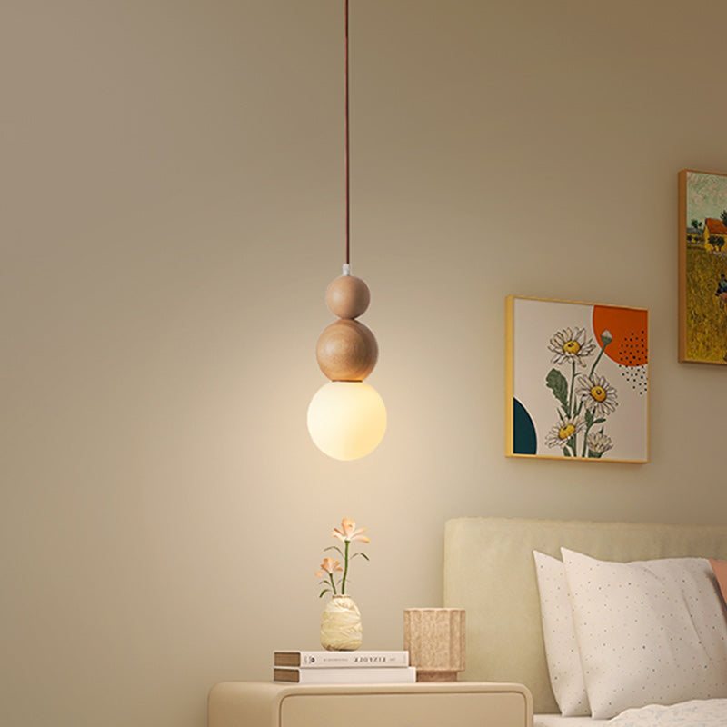 Traditional Vintage Solid Wood &amp; Glass Round Gourd 1-Light Pendant Light For Bedroom &amp; Living Room