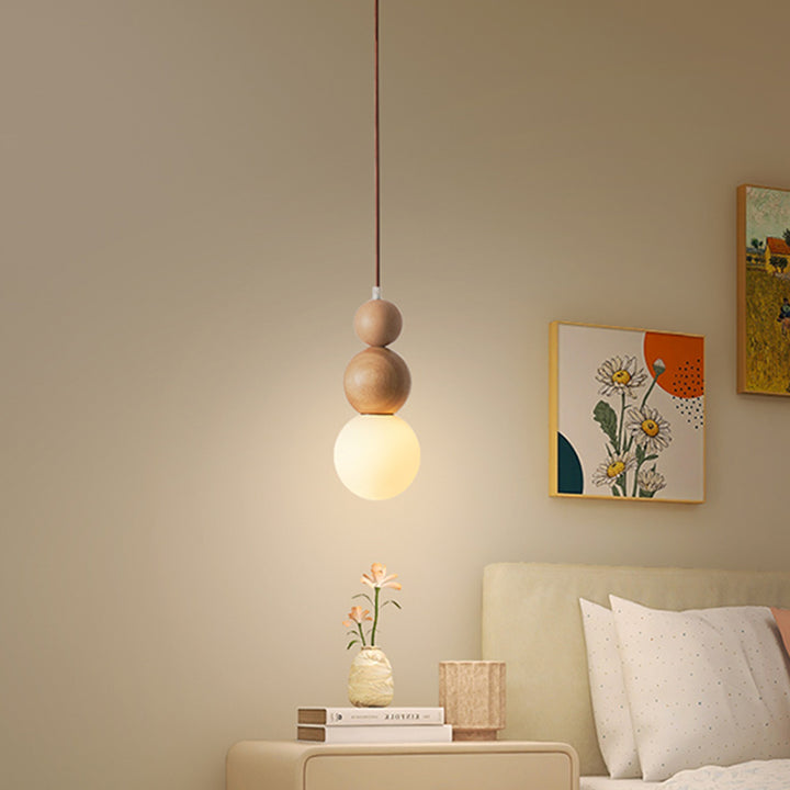 Traditional Vintage Solid Wood &amp; Glass Round Gourd 1-Light Pendant Light For Bedroom &amp; Living Room