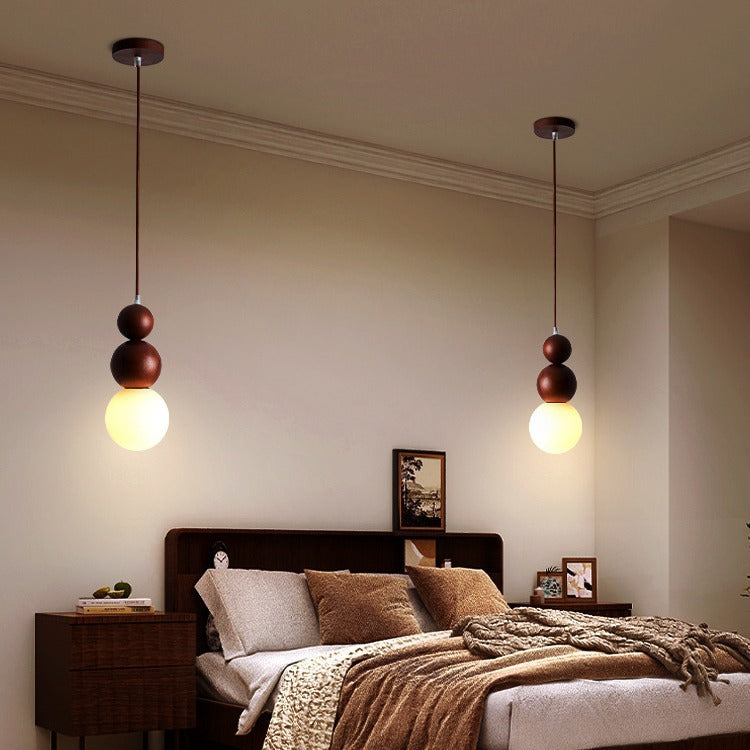 Traditional Vintage Solid Wood &amp; Glass Round Gourd 1-Light Pendant Light For Bedroom &amp; Living Room