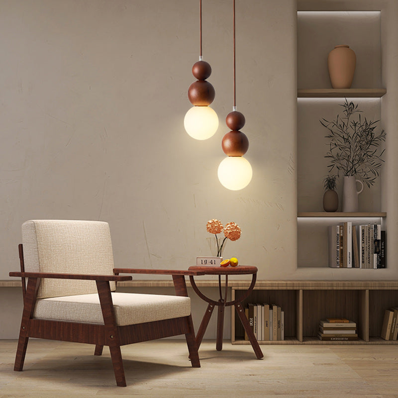 Traditional Vintage Solid Wood &amp; Glass Round Gourd 1-Light Pendant Light For Bedroom &amp; Living Room