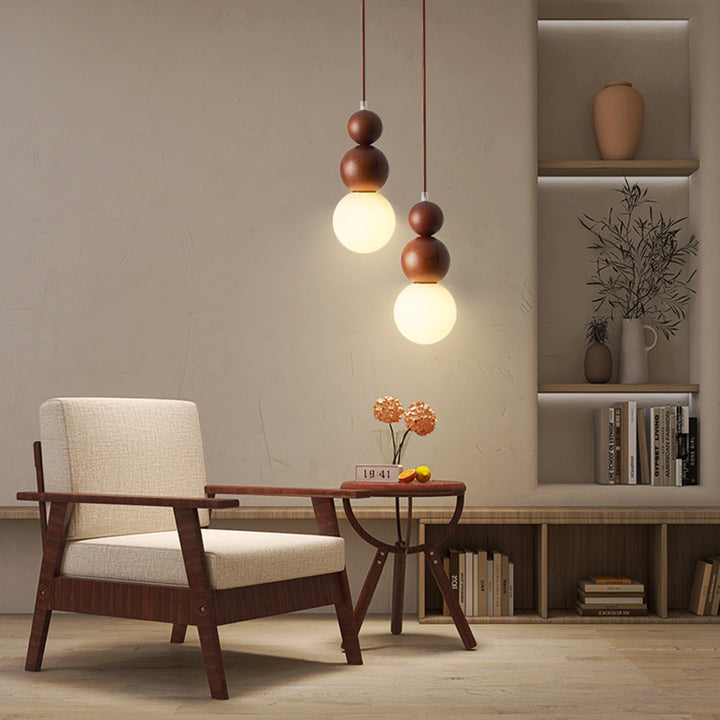 Traditional Vintage Solid Wood &amp; Glass Round Gourd 1-Light Pendant Light For Bedroom &amp; Living Room