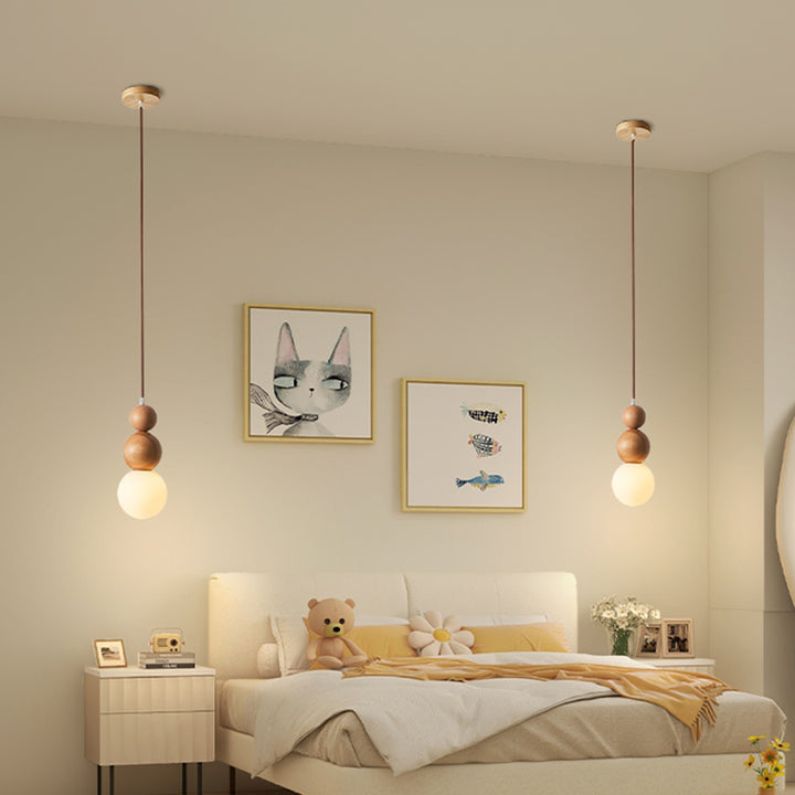 Traditional Vintage Solid Wood &amp; Glass Round Gourd 1-Light Pendant Light For Bedroom &amp; Living Room
