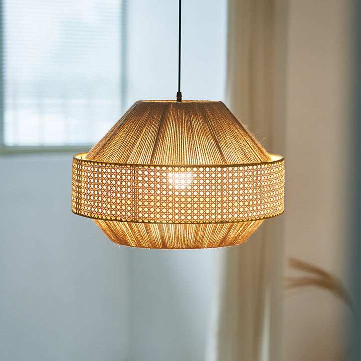 Lámpara colgante redonda de 1 luz de cuerda de cáñamo natural japonés tradicional y ratán para dormitorio y sala de estar 