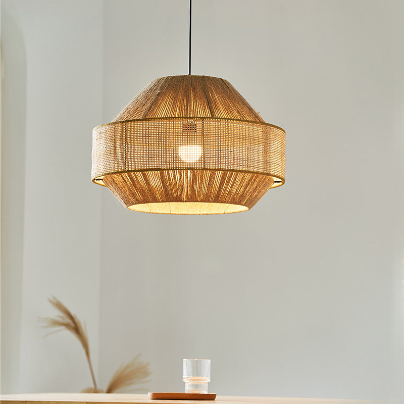 Traditional Japanese Natural Hemp Rope & Rattan Round 1-Light Pendant Light For Bedroom & Living Room