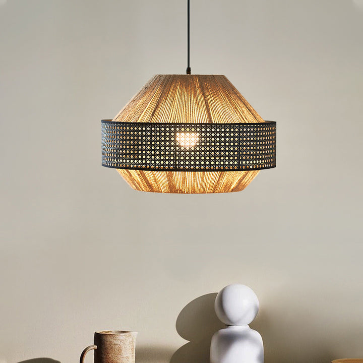 Lámpara colgante redonda de 1 luz de cuerda de cáñamo natural japonés tradicional y ratán para dormitorio y sala de estar 