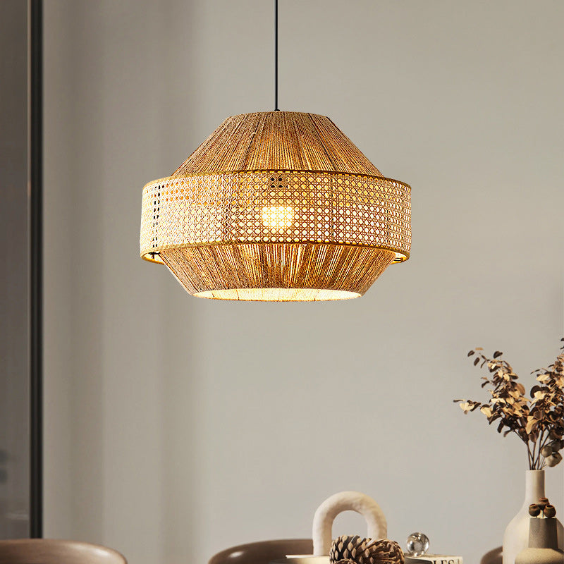Lámpara colgante redonda de 1 luz de cuerda de cáñamo natural japonés tradicional y ratán para dormitorio y sala de estar 
