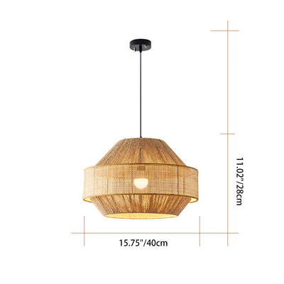 Traditional Japanese Natural Hemp Rope & Rattan Round 1-Light Pendant Light For Bedroom & Living Room