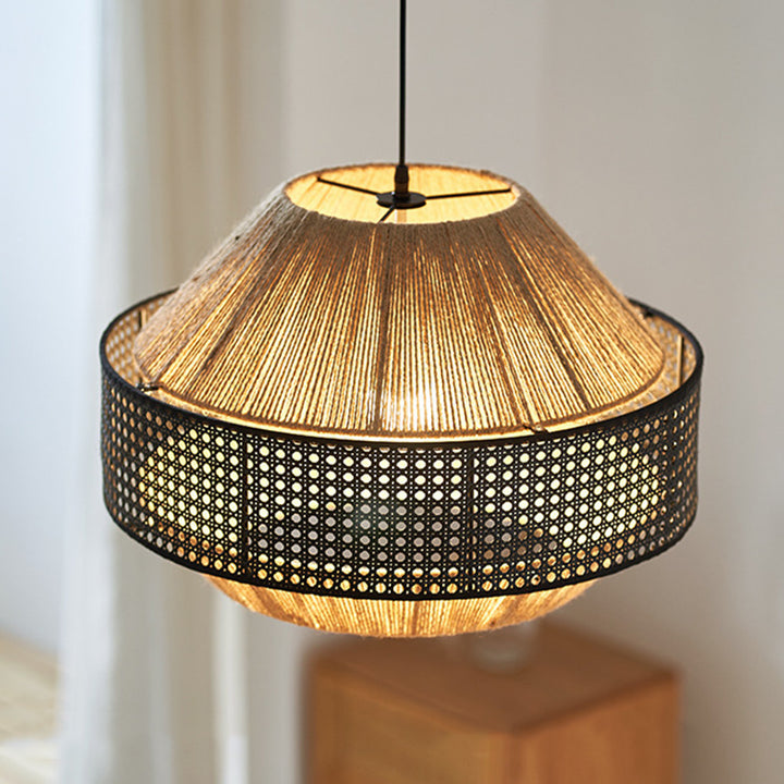 Lámpara colgante redonda de 1 luz de cuerda de cáñamo natural japonés tradicional y ratán para dormitorio y sala de estar 