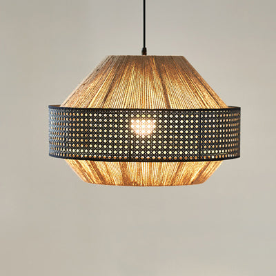 Traditional Japanese Natural Hemp Rope & Rattan Round 1-Light Pendant Light For Bedroom & Living Room