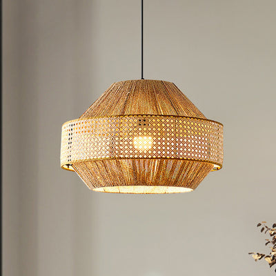 Traditional Japanese Natural Hemp Rope & Rattan Round 1-Light Pendant Light For Bedroom & Living Room