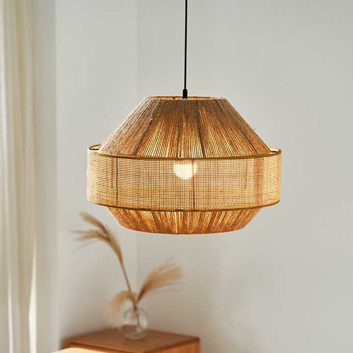 Lámpara colgante redonda de 1 luz de cuerda de cáñamo natural japonés tradicional y ratán para dormitorio y sala de estar 