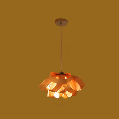 Traditional Chinese Natural Wood Veneer Ring Design 1-Light Pendant Light For Dining & Living Room