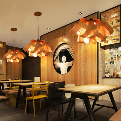 Traditional Chinese Natural Wood Veneer Ring Design 1-Light Pendant Light For Dining & Living Room