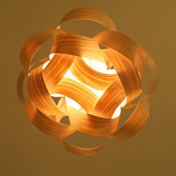 Design de bague en placage de bois naturel chinois traditionnel 1-lumière suspension pour salle à manger et salon 