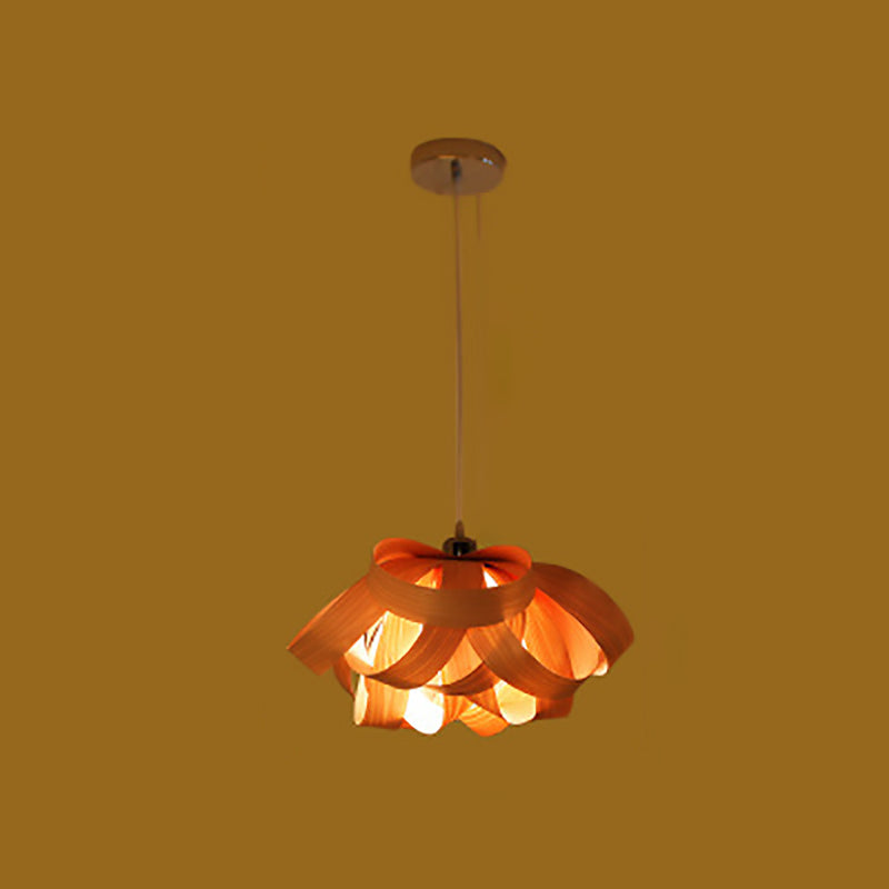 Traditional Chinese Natural Wood Veneer Ring Design 1-Light Pendant Light For Dining & Living Room