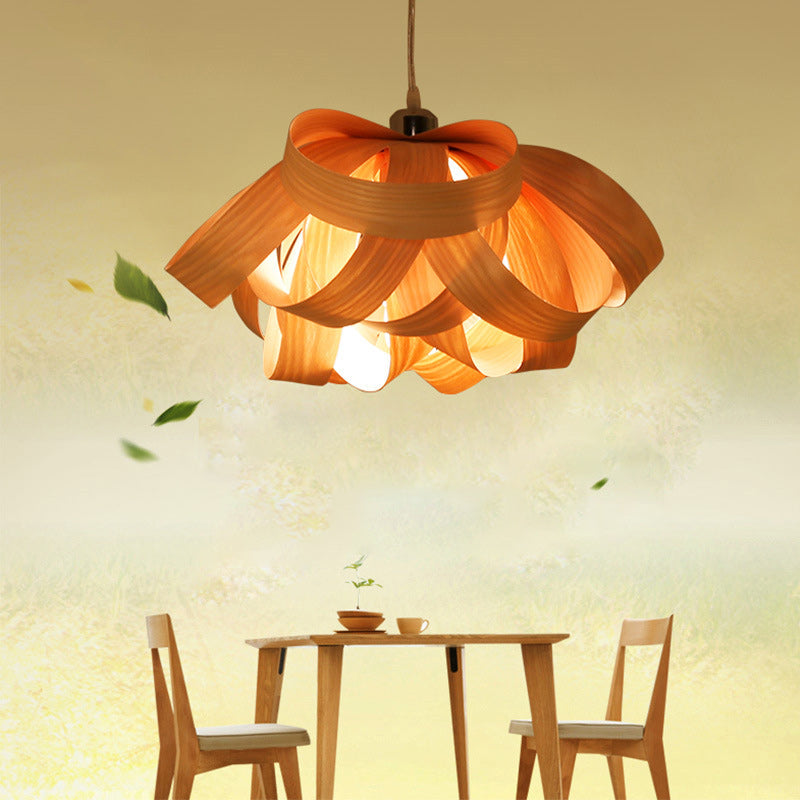 Design de bague en placage de bois naturel chinois traditionnel 1-lumière suspension pour salle à manger et salon 