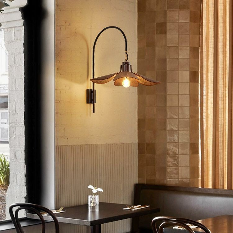 Modern Mid-Century Wood &amp; Iron Curved Arm &amp; Linen Leaf-Shaped Shade Wall Sconce Lamp 1-Light For Bedroom &amp; Living Room