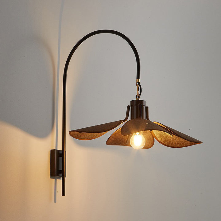 Modern Mid-Century Wood &amp; Iron Curved Arm &amp; Linen Leaf-Shaped Shade Wall Sconce Lamp 1-Light For Bedroom &amp; Living Room