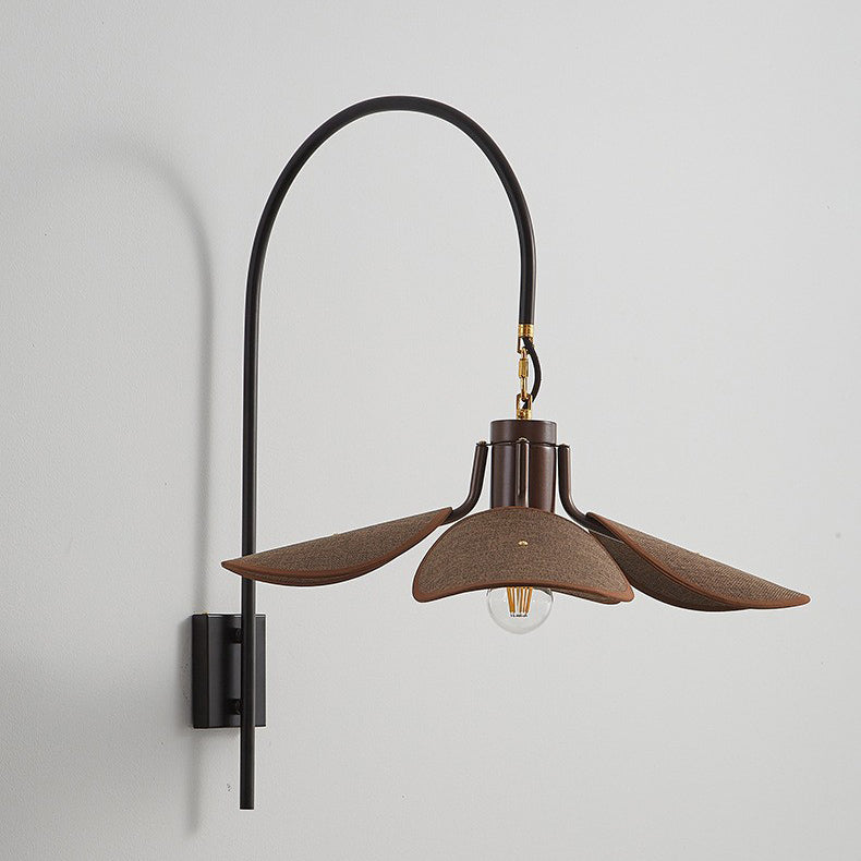 Modern Mid-Century Wood &amp; Iron Curved Arm &amp; Linen Leaf-Shaped Shade Wall Sconce Lamp 1-Light For Bedroom &amp; Living Room