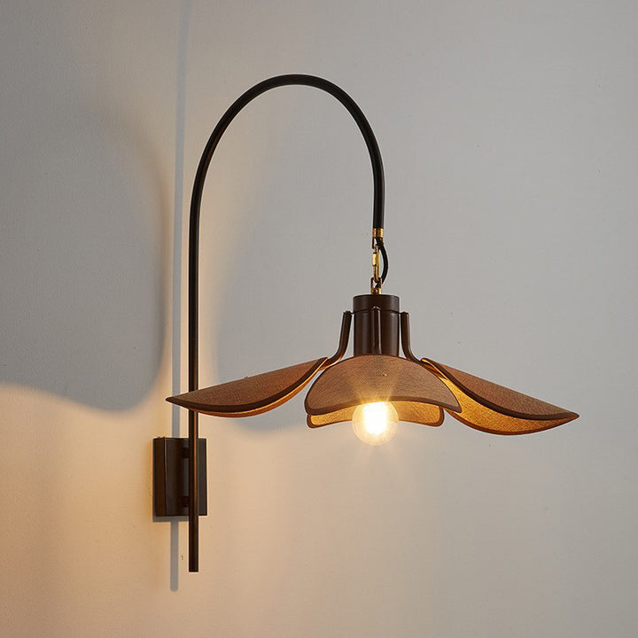 Modern Mid-Century Wood &amp; Iron Curved Arm &amp; Linen Leaf-Shaped Shade Wall Sconce Lamp 1-Light For Bedroom &amp; Living Room