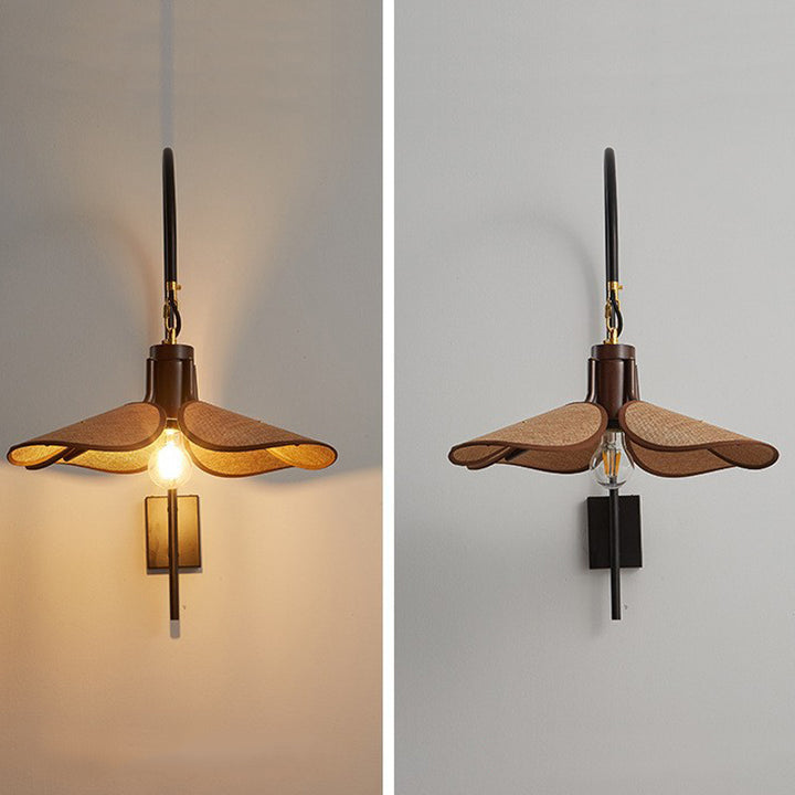 Modern Mid-Century Wood &amp; Iron Curved Arm &amp; Linen Leaf-Shaped Shade Wall Sconce Lamp 1-Light For Bedroom &amp; Living Room