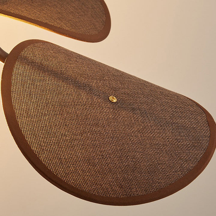 Modern Mid-Century Wood &amp; Iron Curved Arm &amp; Linen Leaf-Shaped Shade Wall Sconce Lamp 1-Light For Bedroom &amp; Living Room