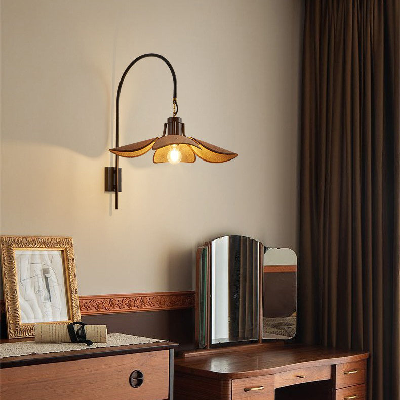 Modern Mid-Century Wood &amp; Iron Curved Arm &amp; Linen Leaf-Shaped Shade Wall Sconce Lamp 1-Light For Bedroom &amp; Living Room
