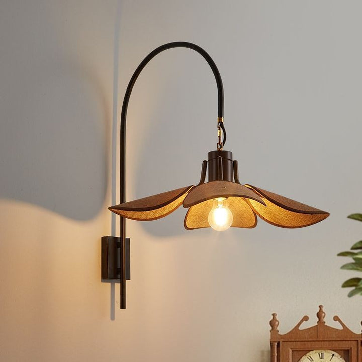 Modern Mid-Century Wood &amp; Iron Curved Arm &amp; Linen Leaf-Shaped Shade Wall Sconce Lamp 1-Light For Bedroom &amp; Living Room