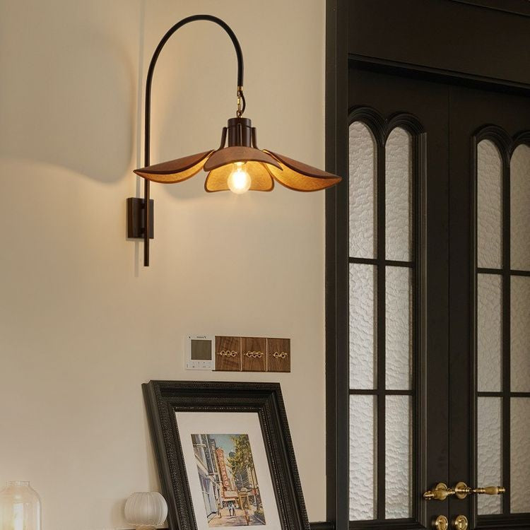 Modern Mid-Century Wood &amp; Iron Curved Arm &amp; Linen Leaf-Shaped Shade Wall Sconce Lamp 1-Light For Bedroom &amp; Living Room