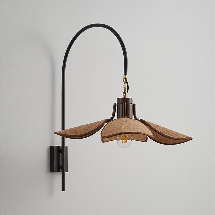 Modern Mid-Century Wood &amp; Iron Curved Arm &amp; Linen Leaf-Shaped Shade Wall Sconce Lamp 1-Light For Bedroom &amp; Living Room