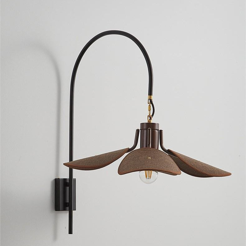 Modern Mid-Century Wood &amp; Iron Curved Arm &amp; Linen Leaf-Shaped Shade Wall Sconce Lamp 1-Light For Bedroom &amp; Living Room