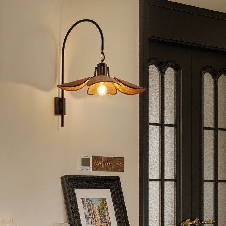 Modern Mid-Century Wood &amp; Iron Curved Arm &amp; Linen Leaf-Shaped Shade Wall Sconce Lamp 1-Light For Bedroom &amp; Living Room