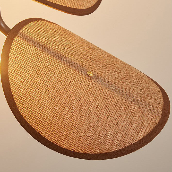 Modern Mid-Century Wood &amp; Iron Curved Arm &amp; Linen Leaf-Shaped Shade Wall Sconce Lamp 1-Light For Bedroom &amp; Living Room