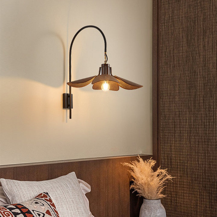 Modern Mid-Century Wood &amp; Iron Curved Arm &amp; Linen Leaf-Shaped Shade Wall Sconce Lamp 1-Light For Bedroom &amp; Living Room