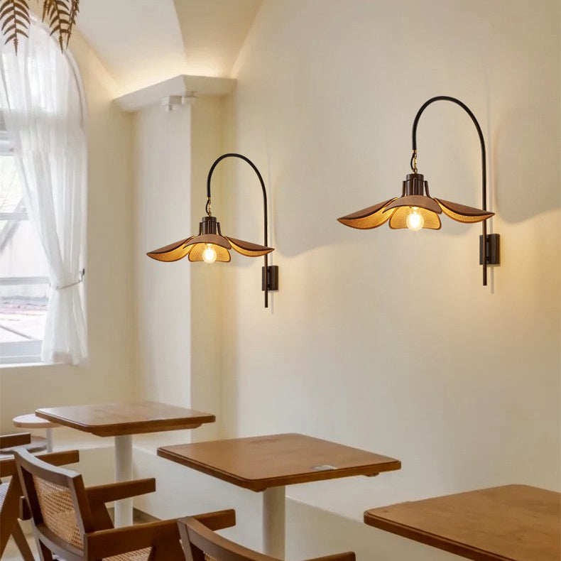 Modern Mid-Century Wood &amp; Iron Curved Arm &amp; Linen Leaf-Shaped Shade Wall Sconce Lamp 1-Light For Bedroom &amp; Living Room