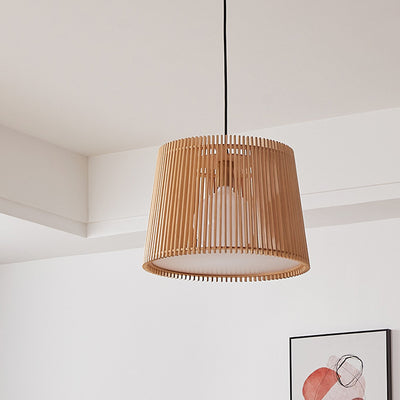 Traditional Japanese Linden Wood & Acrylic Barrel-Shaped 1-Light Pendant Light For Bedroom & Living Room